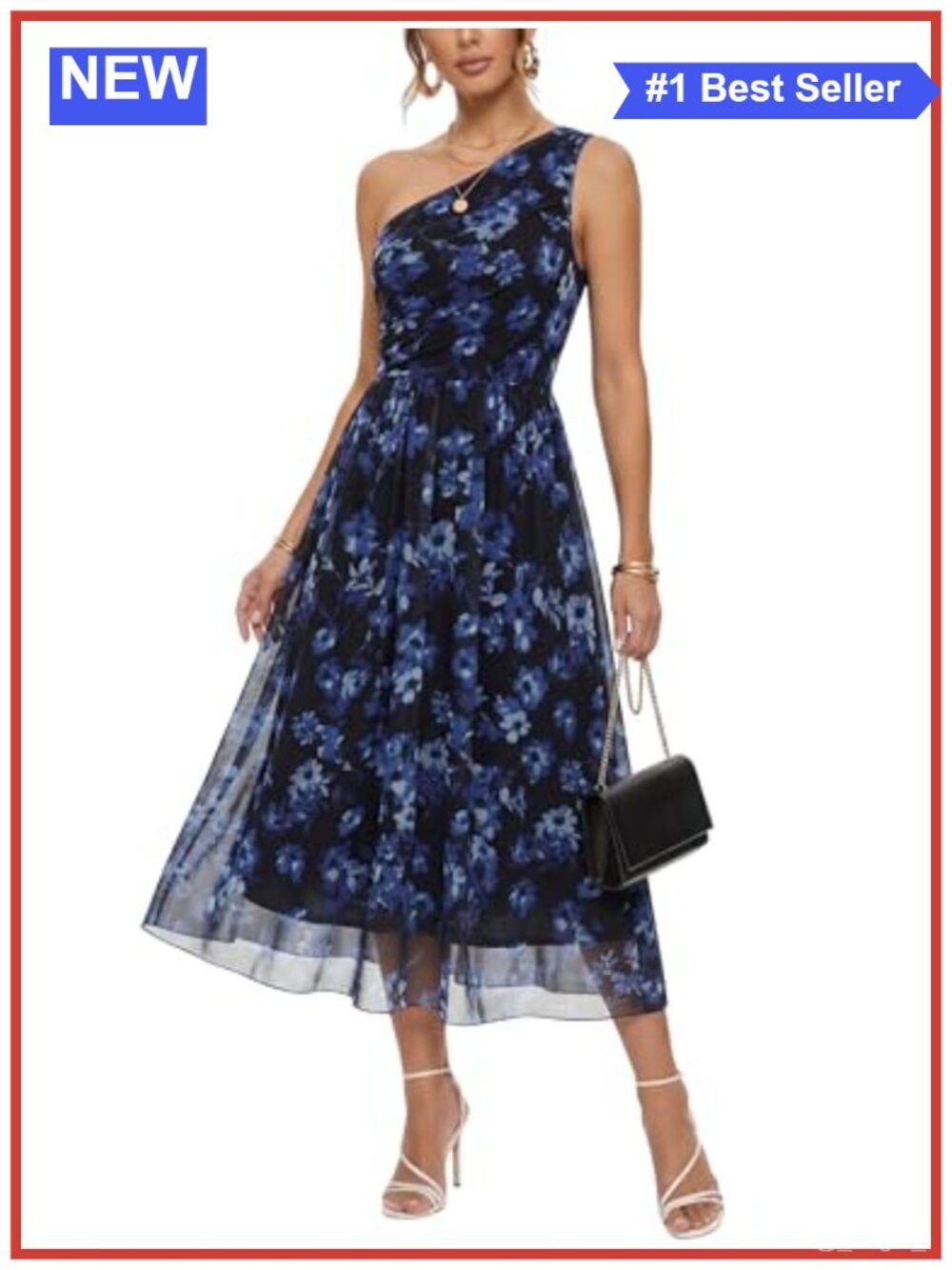 Women's One Shoulder Midi Dress Sleeveless Floral Asymmetric Ruched Formal